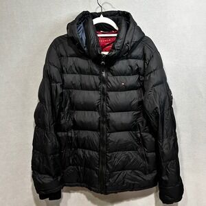 Tommy Hilfiger Mens Black Reversible Puffer Hooded Jacket Water Resistant Medium